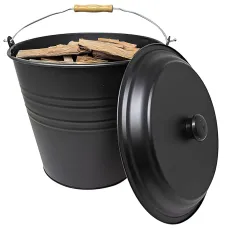 12L Metal Ash Bucket With Lid Wooden Handle Fireplace Container Litre Coal Storage Organiser Wooden Handle & Lid Handle