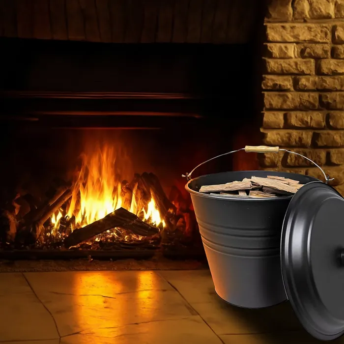 12L Metal Ash Bucket With Lid Wooden Handle Fireplace Container Litre Coal Storage Organiser Wooden Handle & Lid Handle