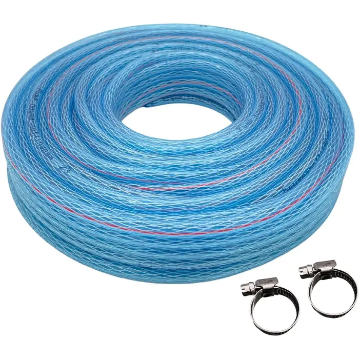 AirTech-UK Clear Braided 1/2" PVC Flexible Tubing Pipe Reinforced Vinyl Water Hose Tube 20 Meter with 2 Hose Clips
