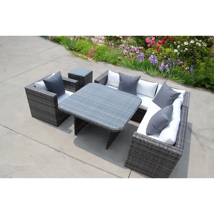 RATTAN DINING GARDEN WICKER OUTDOOR CONSERVATORY CORNER SOFA FURNITURE SET CUBE GREY