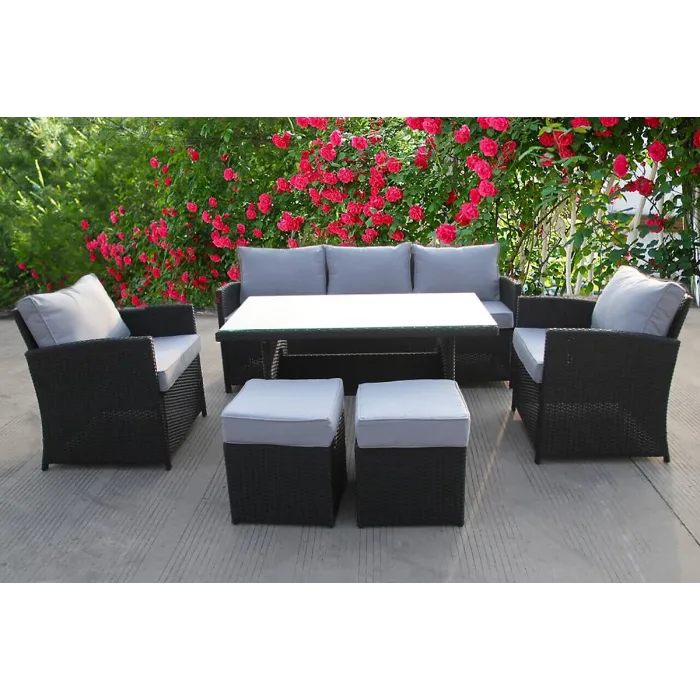 RATTAN WICKER CONSERVATORY OUTDOOR GARDEN FURNITURE DINING SET CORNER SOFA TABLE BLACK