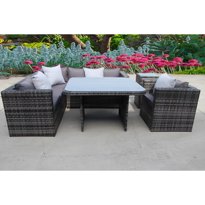 RATTAN DINING GARDEN WICKER OUTDOOR CONSERVATORY CORNER SOFA FURNITURE SET CUBE GREY