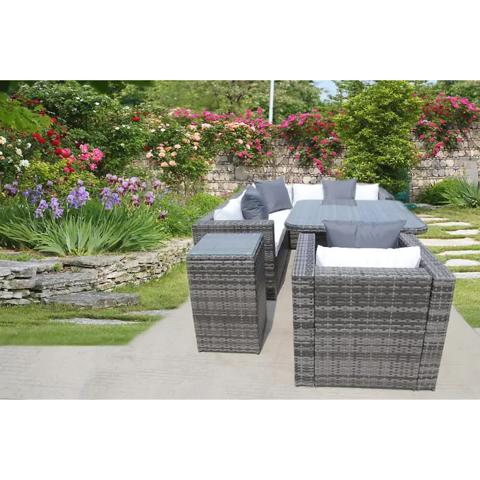 RATTAN DINING GARDEN WICKER OUTDOOR CONSERVATORY CORNER SOFA FURNITURE SET CUBE GREY