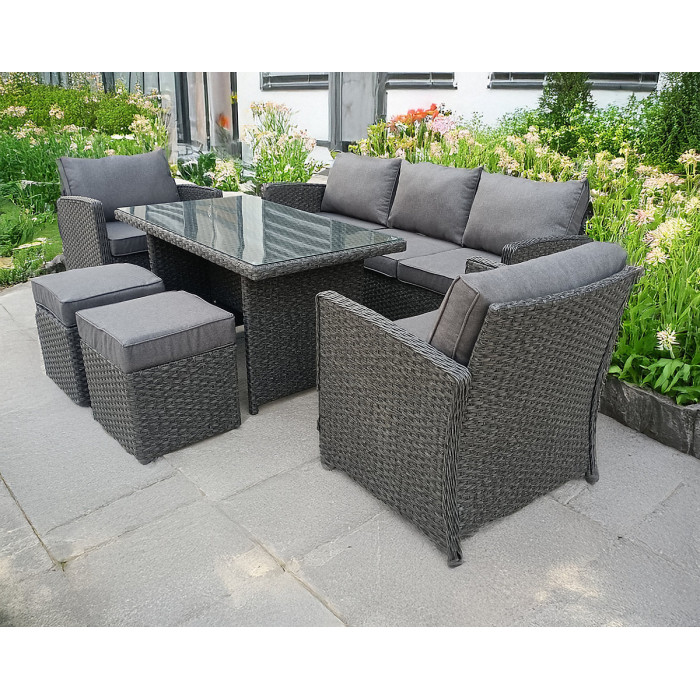 RATTAN WICKER CONSERVATORY OUTDOOR GARDEN FURNITURE DINING SET CORNER SOFA TABLE GREY