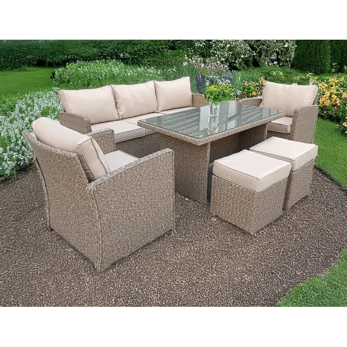 RATTAN WICKER CONSERVATORY OUTDOOR GARDEN FURNITURE DINING SET CORNER SOFA TABLE BEIGE NAURTUAL GREY