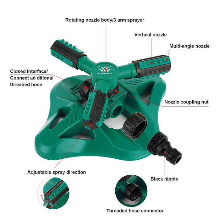 Garden Sprinkler Adjustable water spray range Suitable for large areas of lawn Automatic 360 Degree 3 Arm Rotating Sprinkler