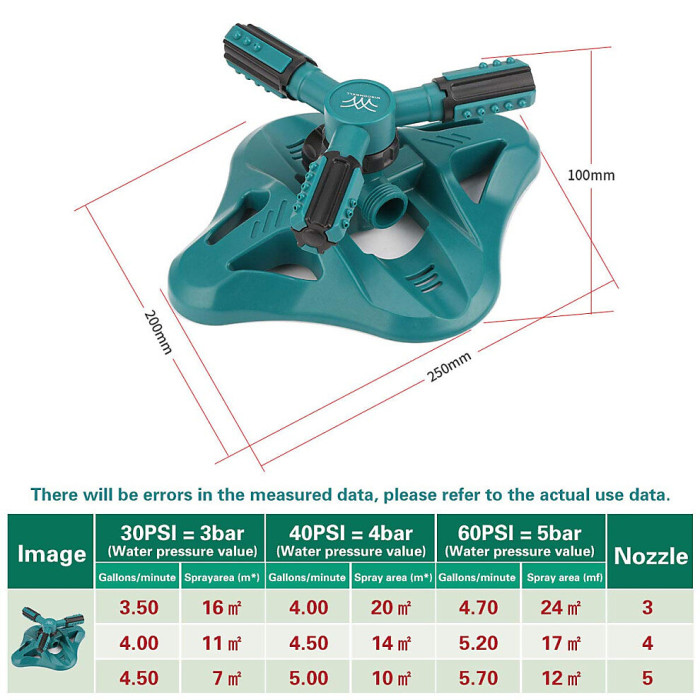 Garden Sprinkler Adjustable water spray range Suitable for large areas of lawn Automatic 360 Degree 3 Arm Rotating Sprinkler
