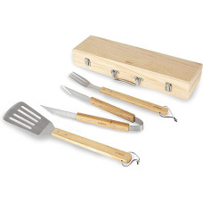 4 Piece BBQ Tools Set, Wooden, Stainless Steel
