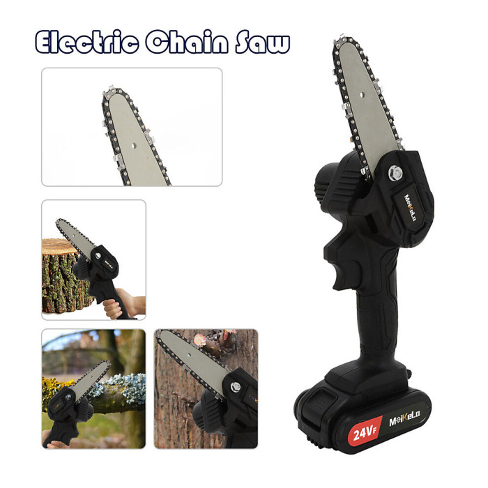 24V Mini Cordless Electric Chainsaw with its accessories, including a charger, guide bar, and oil bottle.