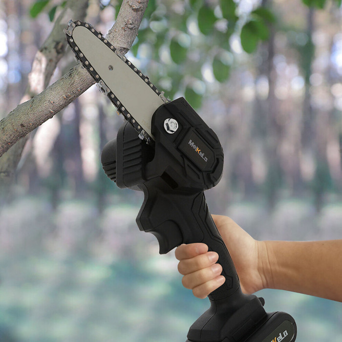 24V Mini Cordless Electric Chainsaw with its accessories, including a charger, guide bar, and oil bottle.