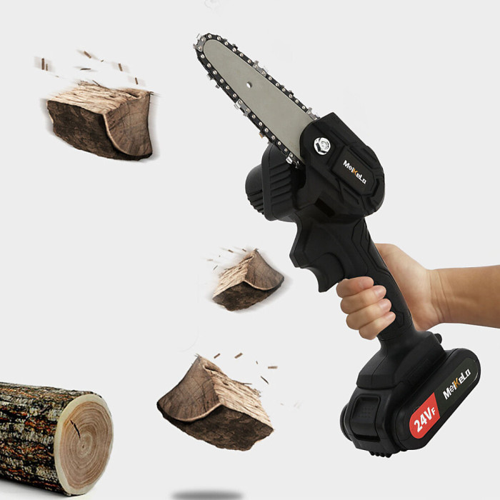 24V Mini Cordless Electric Chainsaw with its accessories, including a charger, guide bar, and oil bottle.