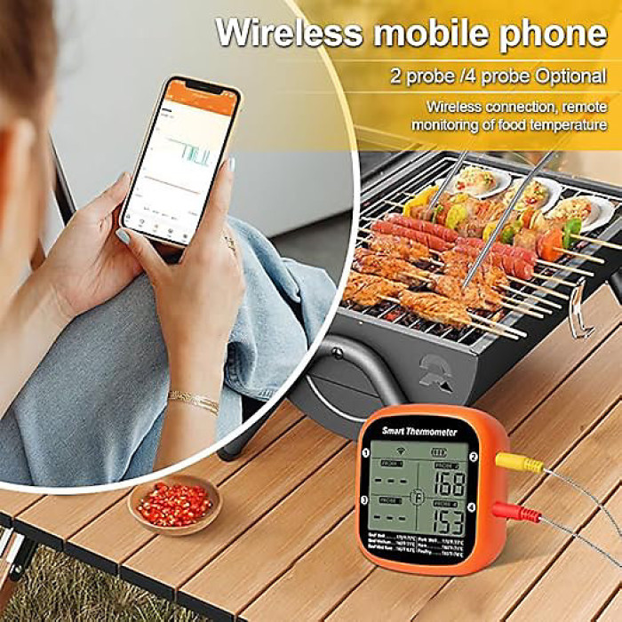 Wireless Digital Meat Thermometer with Dual Probes Instant Read BBQ Thermometer, App Controlled with Timer & Alarm