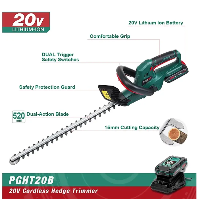 20V Cordless Hedge Trimmer Pruning Shear Garden Tool Set 2.0Ah Battery Cutting Length 520MM Tooth Spacing 15MM