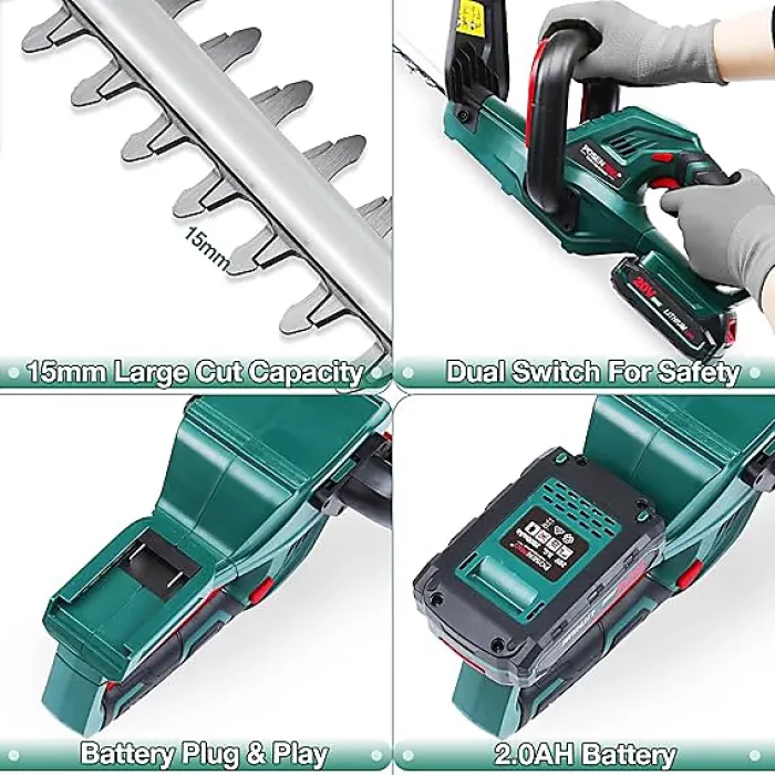 20V Cordless Hedge Trimmer Pruning Shear Garden Tool Set 2.0Ah Battery Cutting Length 520MM Tooth Spacing 15MM