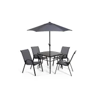 Lancaster Black & Grey metal 4 seater garden dining set with parasol