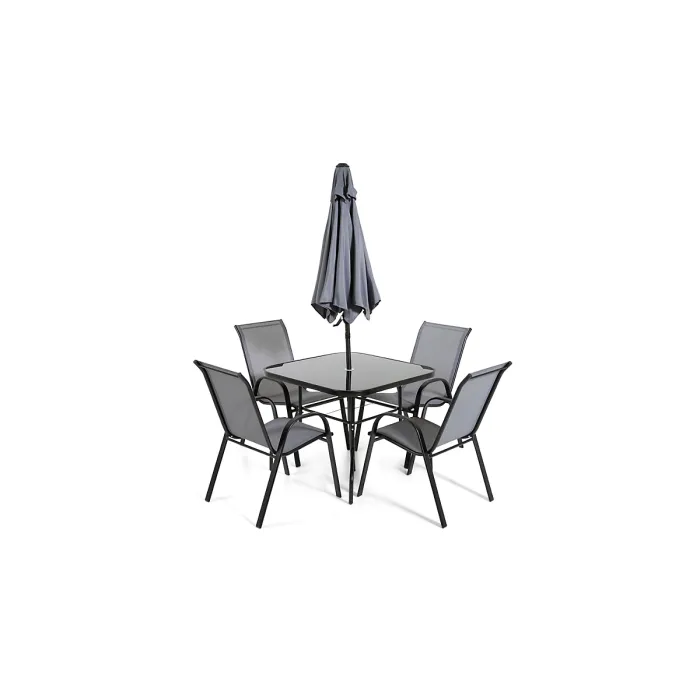 Lancaster Black & Grey metal 4 seater garden dining set with parasol
