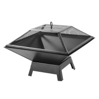 KCT Contemporary Square Garden Fire Pit Outdoor Steel Patio Brazier Log Wood Burner Burning Fireplace Heater With Cover Lid Poker