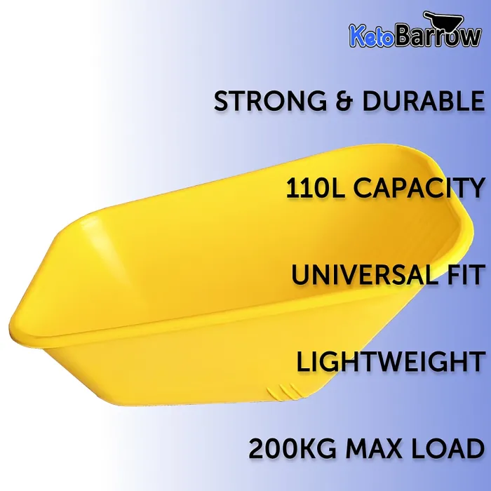 Wheelbarrow Body Tray Replacement Pan - 110L Capacity - Undrilled - Universal Fit - Barrow Body - Yellow