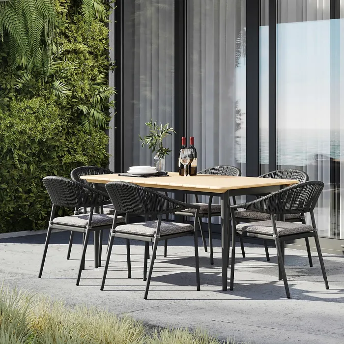 Cloverly 6 Seat Rectangular Dining with Teak Table in Charcoal