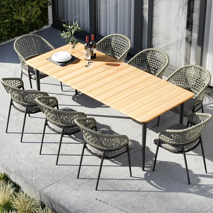 Kalama 8 Seat Rectangular Dining Set with Teak Table in Green