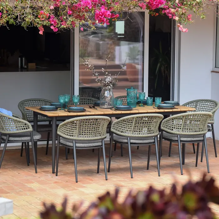 Kalama 8 Seat Rectangular Dining Set with Teak Table in Green