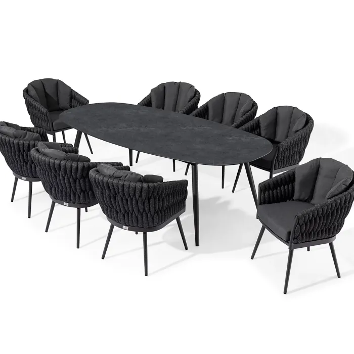 Palma 8 Seat Oval Dining Set with Wide Rope Weave and Ceramic Table in Grey