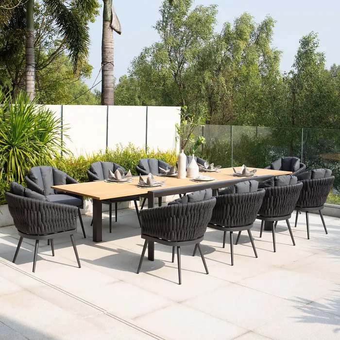 Palma 10 Seat Rope Extending Teak Dining Set in Grey