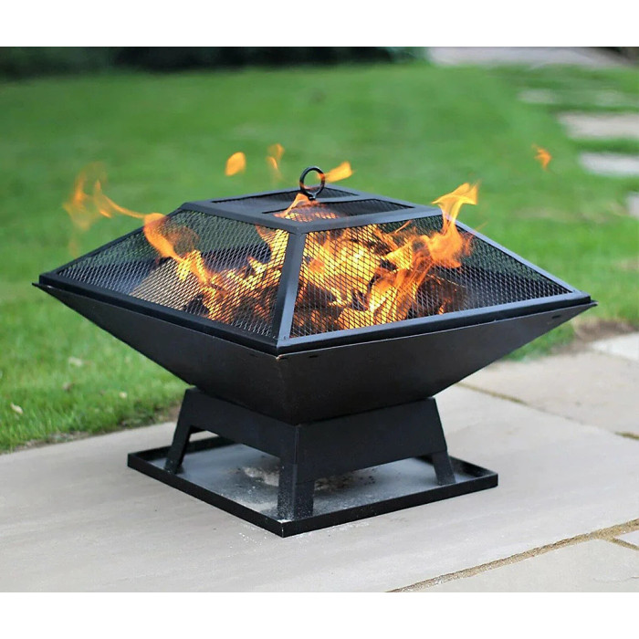 Hortus Metal Square Firepit Table Backyard Patio Garden Stove Wood Burning Fire Pit with Poker