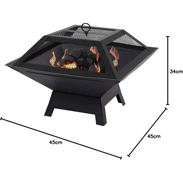 Hortus Metal Square Firepit Table Backyard Patio Garden Stove Wood Burning Fire Pit with Poker