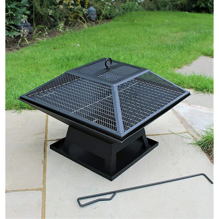 Hortus Metal Square Firepit Table Backyard Patio Garden Stove Wood Burning Fire Pit with Poker