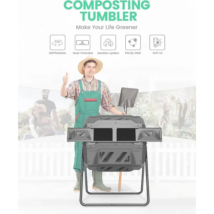 160L Dual Heavy Duty Outdoor Compost Tumbler Bin Composter Organic Fertilizer Rotating Garden Compost Bin, BPA Free (43 Gallon)