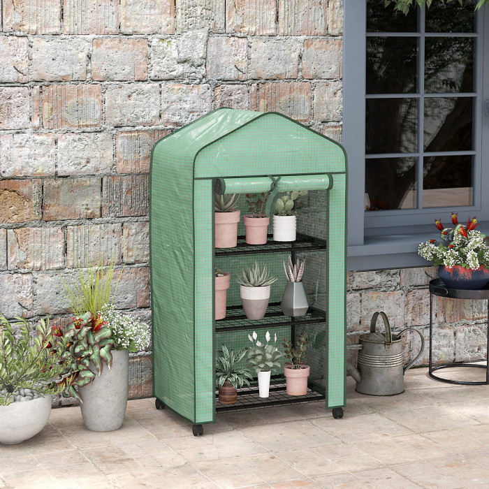 Outsunny Portable Mini Greenhouse with Roll-up Door and Wheels, Green