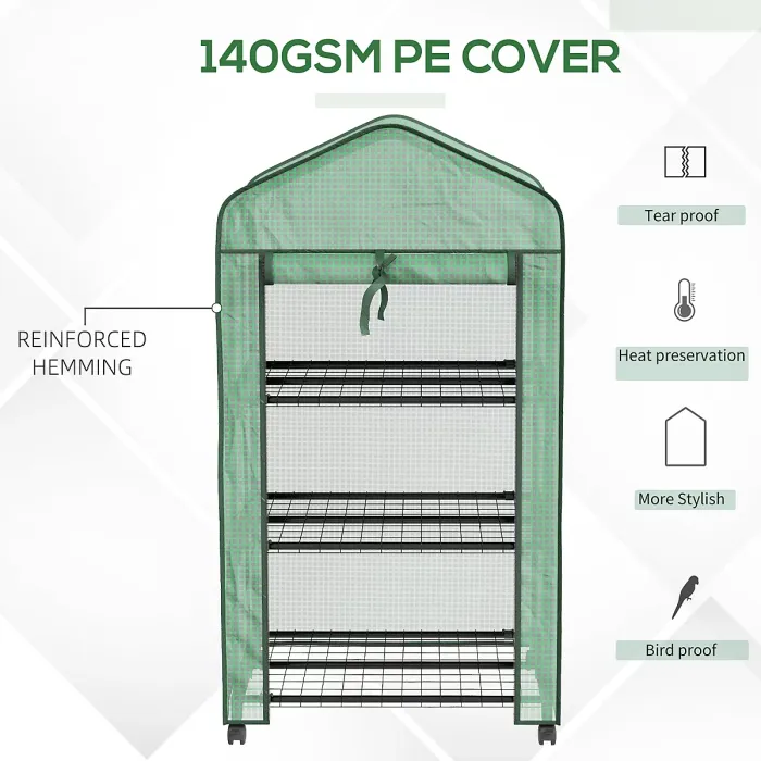 Outsunny Portable Mini Greenhouse with Roll-up Door and Wheels, Green
