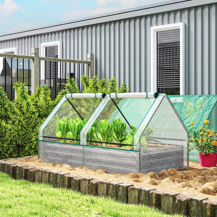 Outsunny Raised Garden Bed Planter Box with Greenhouse, White and Dark Grey