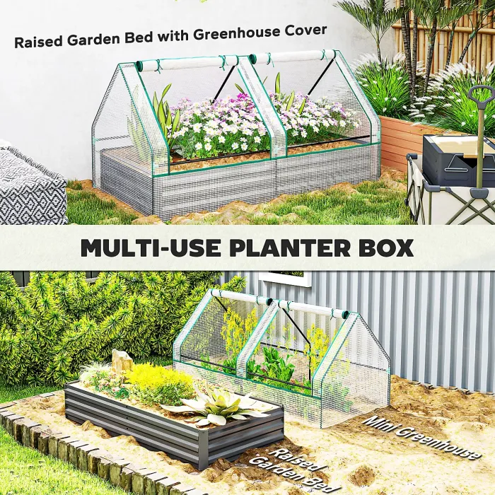 Outsunny Raised Garden Bed Planter Box with Greenhouse, White and Dark Grey