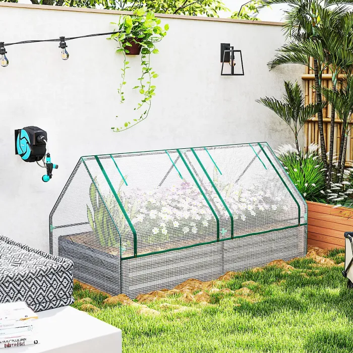 Outsunny Raised Garden Bed Planter Box with Greenhouse, White and Dark Grey