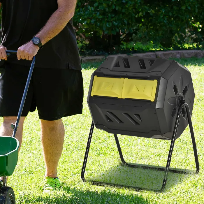 Outsunny 160L Outdoor Tumbling Compost Bin with Dual Chamber, Yellow