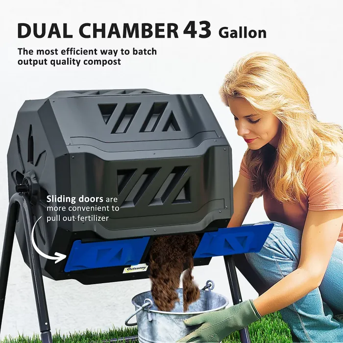 Outsunny 160L Outdoor Tumbling Compost Bin with Dual Chamber, Blue