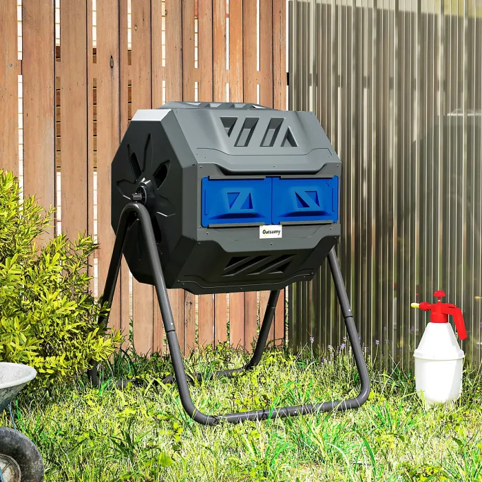 Outsunny 160L Outdoor Tumbling Compost Bin with Dual Chamber, Blue