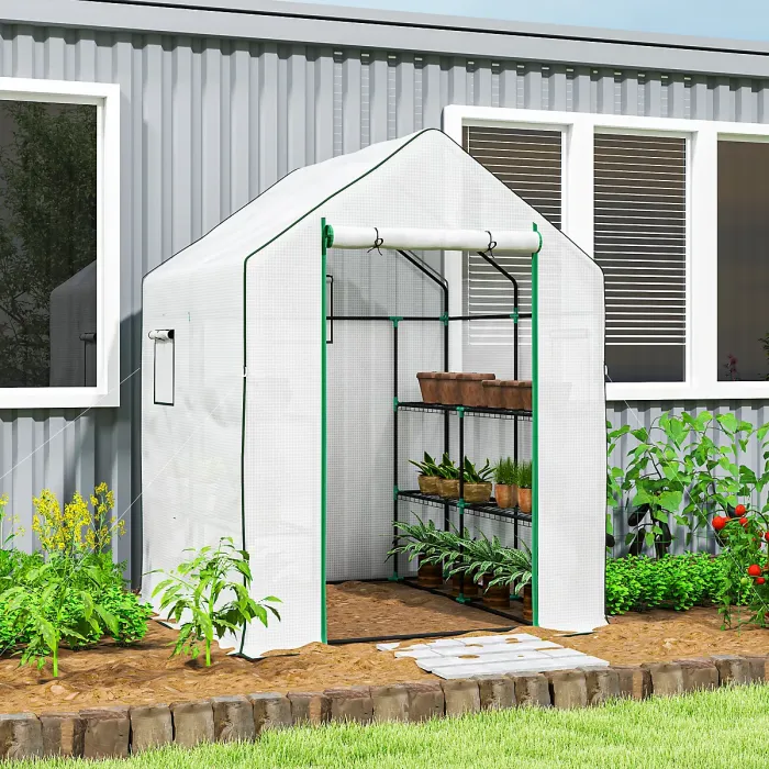 Outsunny Walk-in Greenhouse with 8 Shelves, Outdoor Small Greenhouse, White