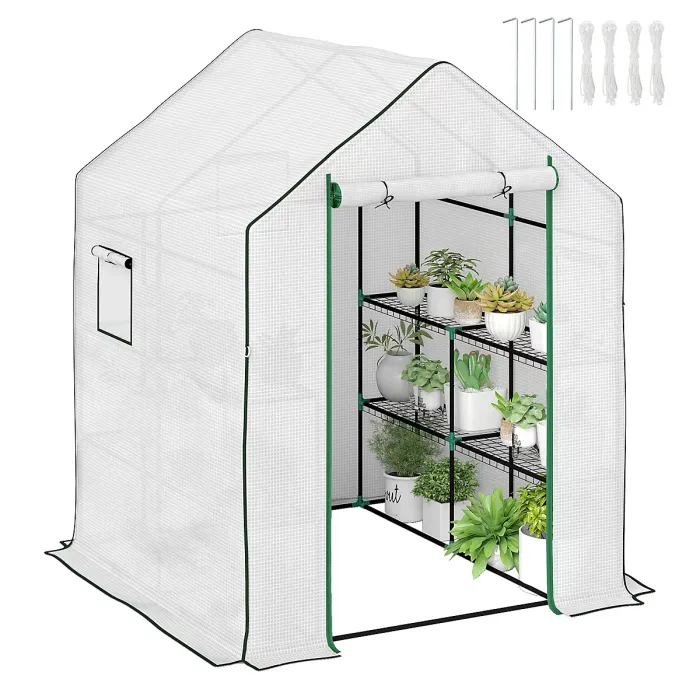 Outsunny Walk-in Greenhouse with 8 Shelves, Outdoor Small Greenhouse, White