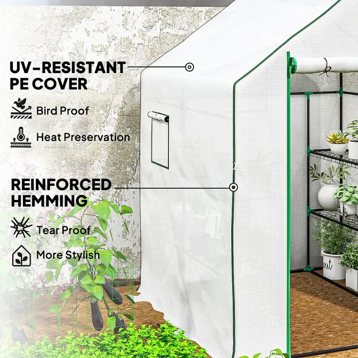 Outsunny Walk-in Greenhouse with 8 Shelves, Outdoor Small Greenhouse, White