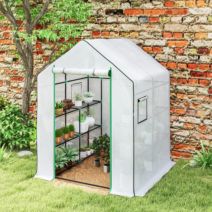 Outsunny Walk-in Greenhouse with 8 Shelves, Outdoor Small Greenhouse, White