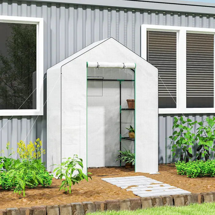 Outsunny Walk-in Greenhouse with 4 Shelves, Outdoor Small Greenhouse, White