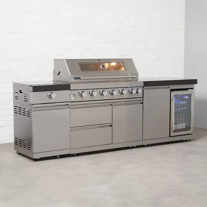 Draco Grills 6 Burner BBQ Modular Outdoor Kitchen with Sear Station and Single Fridge Unit
