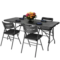6ft Folding Table & 4 Folding Chairs Set - Heavy-Duty Black HDPE, Steel Frames Camping Table & Chairs for Indoor/Outdoor Use
