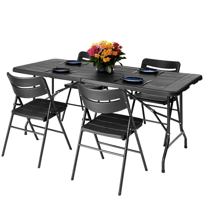 6ft Folding Table & 4 Folding Chairs Set - Heavy-Duty Black HDPE, Steel Frames Camping Table & Chairs for Indoor/Outdoor Use