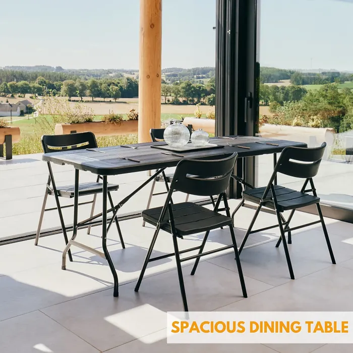 6ft Folding Table & 4 Folding Chairs Set - Heavy-Duty Black HDPE, Steel Frames Camping Table & Chairs for Indoor/Outdoor Use