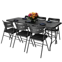 6ft Folding Table & 6 Folding Chairs Set - Heavy-Duty Black HDPE, Steel Frames Camping Table & Chairs for Indoor/Outdoor Use