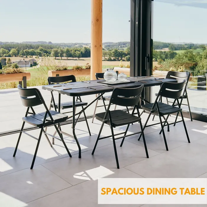 6ft Folding Table & 6 Folding Chairs Set - Heavy-Duty Black HDPE, Steel Frames Camping Table & Chairs for Indoor/Outdoor Use